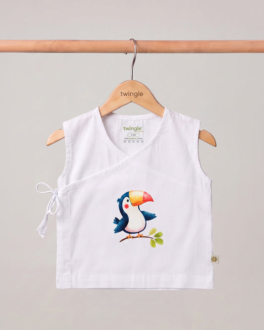 Twingle 100% Organic Cotton Jhabla-Kimono Opening for Easy Dressing-Tiki Toucan-White-For Infants