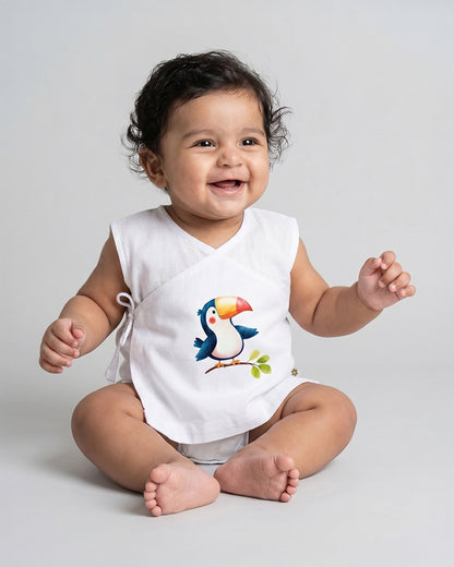 Twingle 100% Organic Cotton Jhabla-Kimono Opening for Easy Dressing-Tiki Toucan-White-For Infants