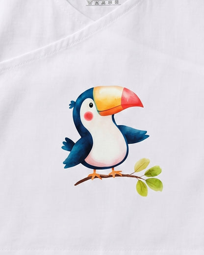 Twingle 100% Organic Cotton Jhabla-Kimono Opening for Easy Dressing-Tiki Toucan-White-For Infants