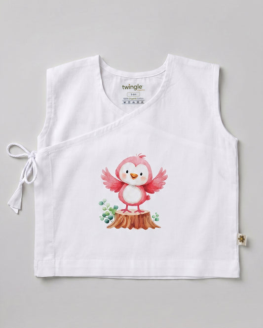 Twingle 100% Organic Cotton Jhabla-Kimono Opening for Easy Dressing-Pappy Birdie-White-For Infants