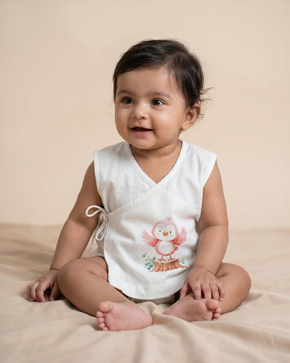 Twingle 100% Organic Cotton Jhabla-Kimono Opening for Easy Dressing-Pappy Birdie-White-For Infants