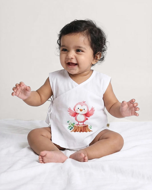 Twingle 100% Organic Cotton Jhabla-Kimono Opening for Easy Dressing-Pappy Birdie-White-For Infants