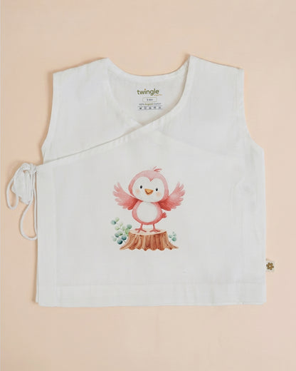 Twingle 100% Organic Cotton Jhabla-Kimono Opening for Easy Dressing-Pappy Birdie-White-For Infants