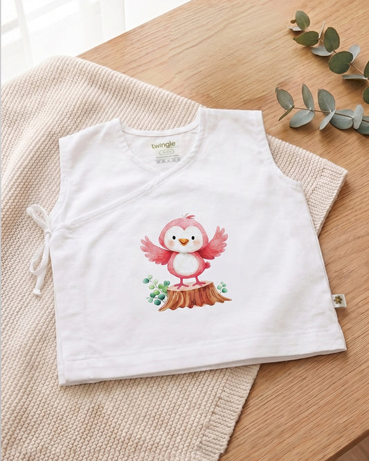 Twingle 100% Organic Cotton Jhabla-Kimono Opening for Easy Dressing-Pappy Birdie-White-For Infants