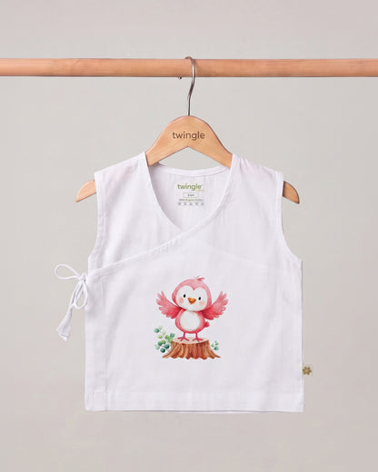Twingle 100% Organic Cotton Jhabla-Kimono Opening for Easy Dressing-Pappy Birdie-White-For Infants