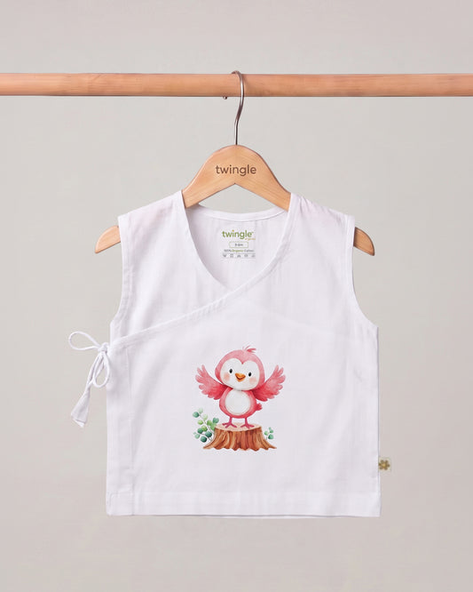 Twingle 100% Organic Cotton Jhabla-Kimono Opening for Easy Dressing-Pappy Birdie-White-For Infants