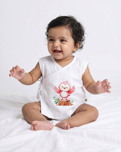 Twingle 100% Organic Cotton Jhabla-Kimono Opening for Easy Dressing-Pappy Birdie-White-For Infants