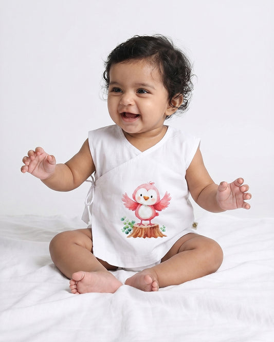 Twingle 100% Organic Cotton Jhabla-Kimono Opening for Easy Dressing-Pappy Birdie-White-For Infants