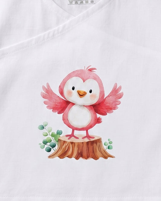 Twingle 100% Organic Cotton Jhabla-Kimono Opening for Easy Dressing-Pappy Birdie-White-For Infants