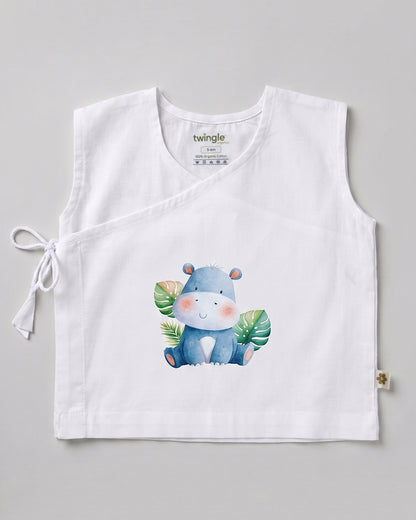 Twingle 100% Organic Cotton Jhabla-Kimono Opening for Easy Dressing-Happy Hippo-White-For Infants