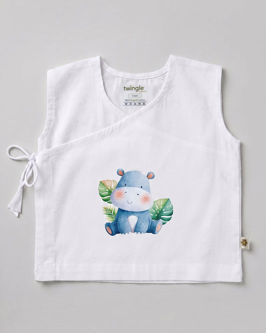 Twingle 100% Organic Cotton Jhabla-Kimono Opening for Easy Dressing-Happy Hippo-White-For Infants