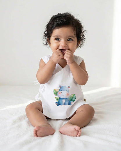 Twingle 100% Organic Cotton Jhabla-Kimono Opening for Easy Dressing-Happy Hippo-White-For Infants