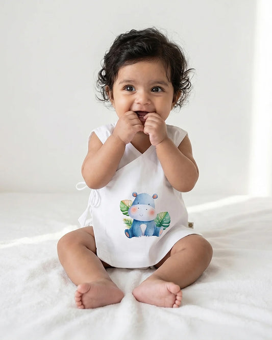 Twingle 100% Organic Cotton Jhabla-Kimono Opening for Easy Dressing-Happy Hippo-White-For Infants