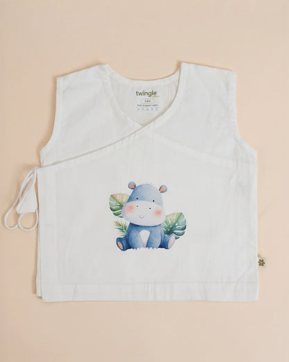 Twingle 100% Organic Cotton Jhabla-Kimono Opening for Easy Dressing-Happy Hippo-White-For Infants