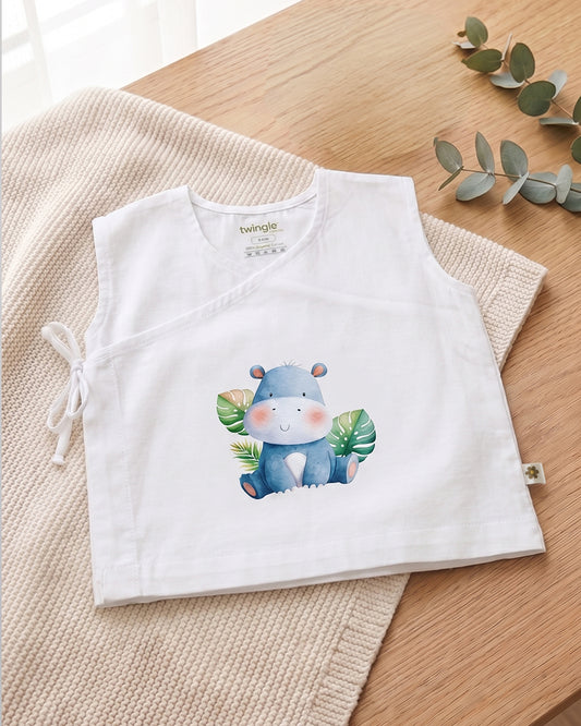 Twingle 100% Organic Cotton Jhabla-Kimono Opening for Easy Dressing-Happy Hippo-White-For Infants