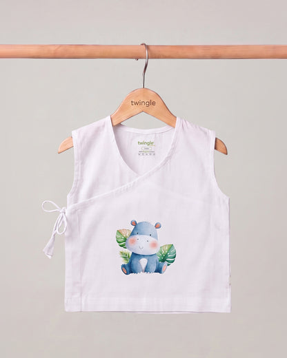 Twingle 100% Organic Cotton Jhabla-Kimono Opening for Easy Dressing-Happy Hippo-White-For Infants