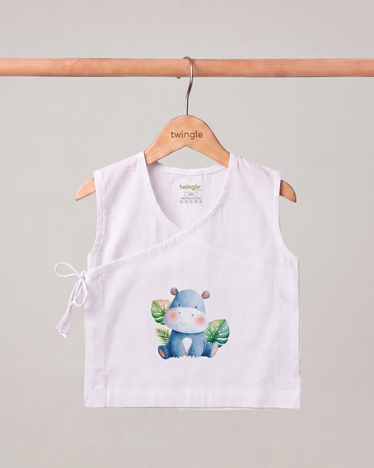Twingle 100% Organic Cotton Jhabla-Kimono Opening for Easy Dressing-Happy Hippo-White-For Infants