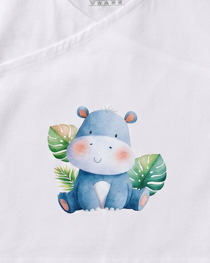 Twingle 100% Organic Cotton Jhabla-Kimono Opening for Easy Dressing-Happy Hippo-White-For Infants