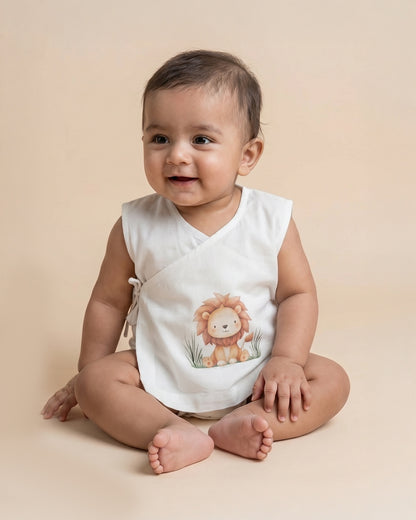 Twingle 100% Organic Cotton Jhabla-Kimono Opening for Easy Dressing-Little Roar-White-For Infants