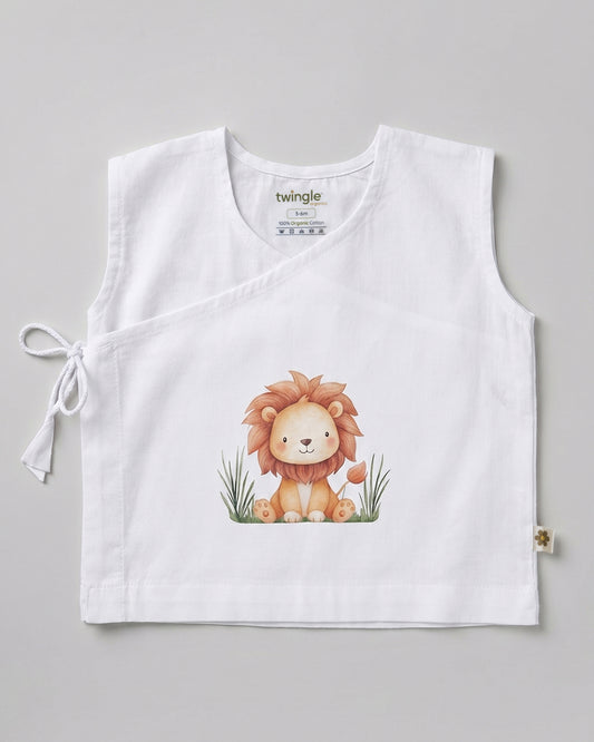 Twingle 100% Organic Cotton Jhabla-Kimono Opening for Easy Dressing-Little Roar-White-For Infants