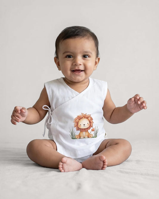 Twingle 100% Organic Cotton Jhabla-Kimono Opening for Easy Dressing-Little Roar-White-For Infants