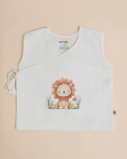 Twingle 100% Organic Cotton Jhabla-Kimono Opening for Easy Dressing-Little Roar-White-For Infants