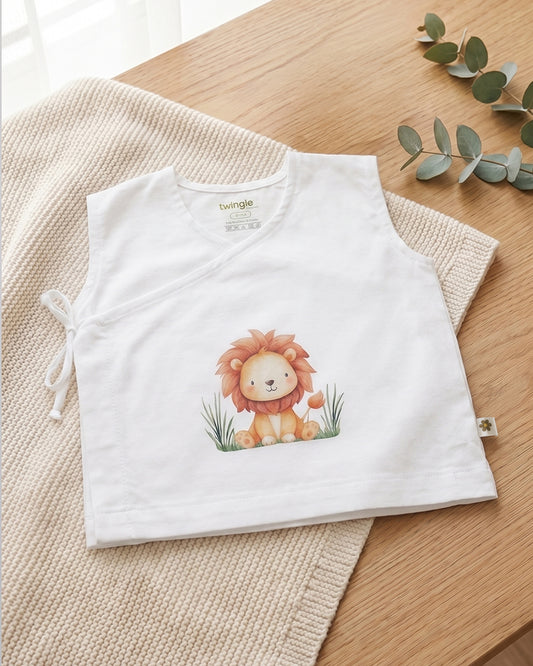 Twingle 100% Organic Cotton Jhabla-Kimono Opening for Easy Dressing-Little Roar-White-For Infants