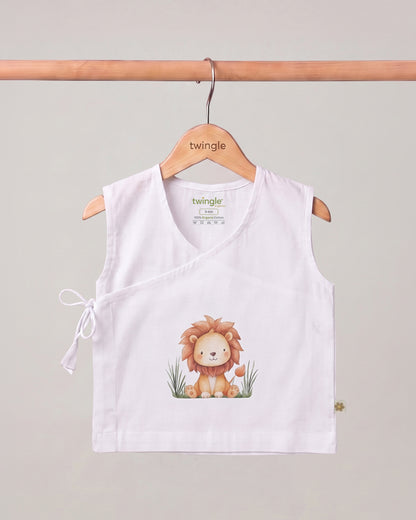 Twingle 100% Organic Cotton Jhabla-Kimono Opening for Easy Dressing-Little Roar-White-For Infants