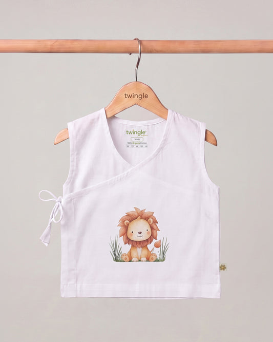 Twingle 100% Organic Cotton Jhabla-Kimono Opening for Easy Dressing-Little Roar-White-For Infants