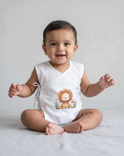 Twingle 100% Organic Cotton Jhabla-Kimono Opening for Easy Dressing-Little Roar-White-For Infants