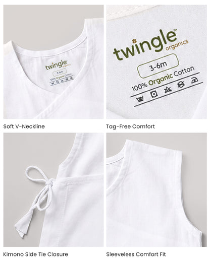 Twingle 100% Organic Cotton Jhabla-Kimono Opening for Easy Dressing-Little Roar-White-For Infants