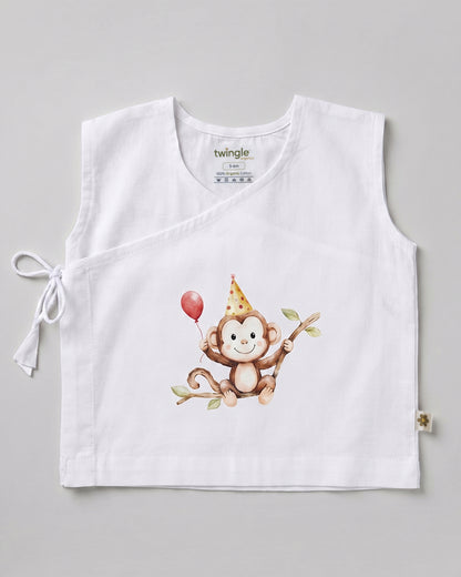 Twingle 100% Organic Cotton Jhabla-Kimono Opening for Easy Dressing-Mischief Monkey-White-For Infants