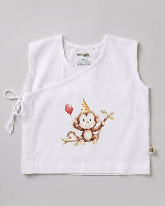 Twingle 100% Organic Cotton Jhabla-Kimono Opening for Easy Dressing-Mischief Monkey-White-For Infants