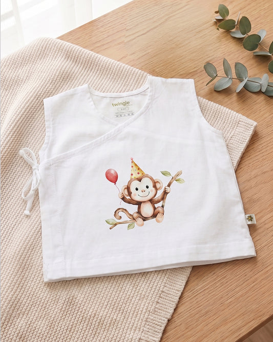 Twingle 100% Organic Cotton Jhabla-Kimono Opening for Easy Dressing-Mischief Monkey-White-For Infants