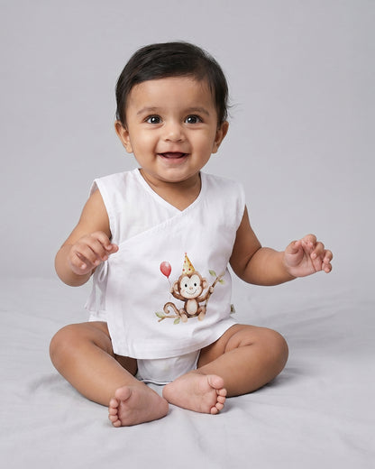 Twingle 100% Organic Cotton Jhabla-Kimono Opening for Easy Dressing-Mischief Monkey-White-For Infants