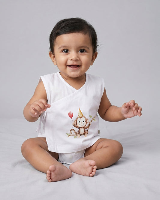 Twingle 100% Organic Cotton Jhabla-Kimono Opening for Easy Dressing-Mischief Monkey-White-For Infants