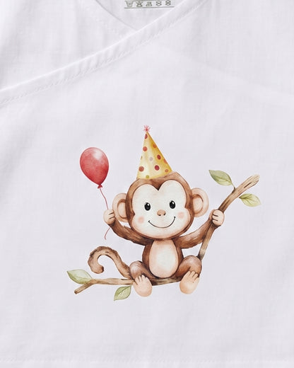 Twingle 100% Organic Cotton Jhabla-Kimono Opening for Easy Dressing-Mischief Monkey-White-For Infants
