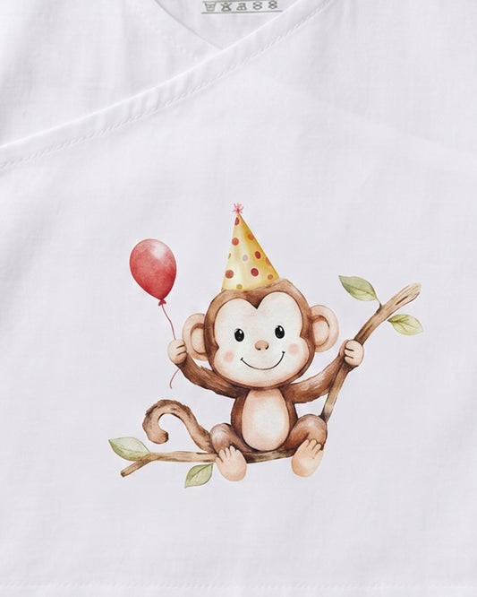 Twingle 100% Organic Cotton Jhabla-Kimono Opening for Easy Dressing-Mischief Monkey-White-For Infants