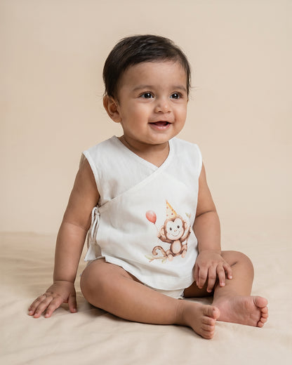 Twingle 100% Organic Cotton Jhabla-Kimono Opening for Easy Dressing-Mischief Monkey-White-For Infants