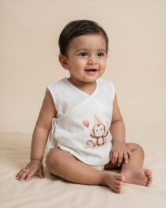 Twingle 100% Organic Cotton Jhabla-Kimono Opening for Easy Dressing-Mischief Monkey-White-For Infants