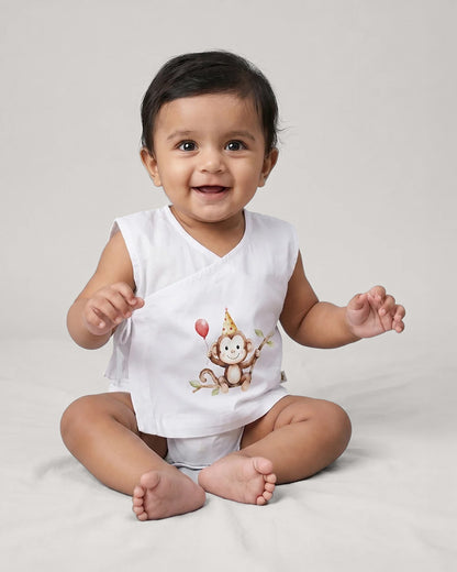 Twingle 100% Organic Cotton Jhabla-Kimono Opening for Easy Dressing-Mischief Monkey-White-For Infants