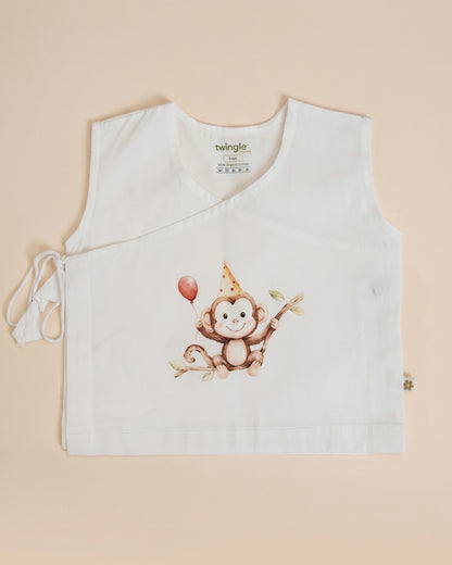 Twingle 100% Organic Cotton Jhabla-Kimono Opening for Easy Dressing-Mischief Monkey-White-For Infants