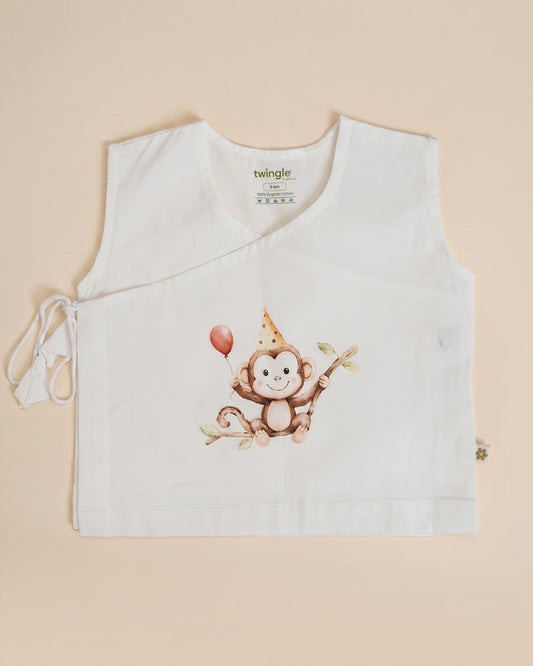 Twingle 100% Organic Cotton Jhabla-Kimono Opening for Easy Dressing-Mischief Monkey-White-For Infants
