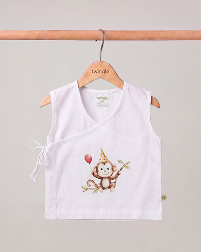 Twingle 100% Organic Cotton Jhabla-Kimono Opening for Easy Dressing-Mischief Monkey-White-For Infants