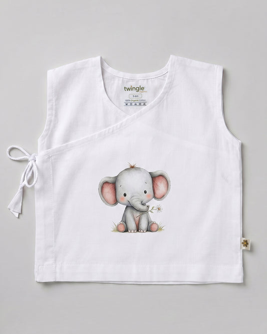 Twingle 100% Organic Cotton Jhabla-Kimono Opening for Easy Dressing-Ellie Elephant-White-For Infants