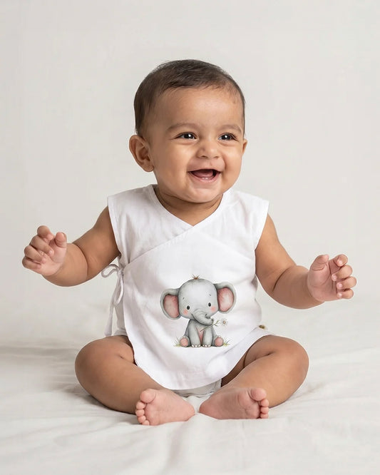 Twingle 100% Organic Cotton Jhabla-Kimono Opening for Easy Dressing-Ellie Elephant-White-For Infants