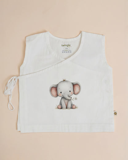 Twingle 100% Organic Cotton Jhabla-Kimono Opening for Easy Dressing-Ellie Elephant-White-For Infants