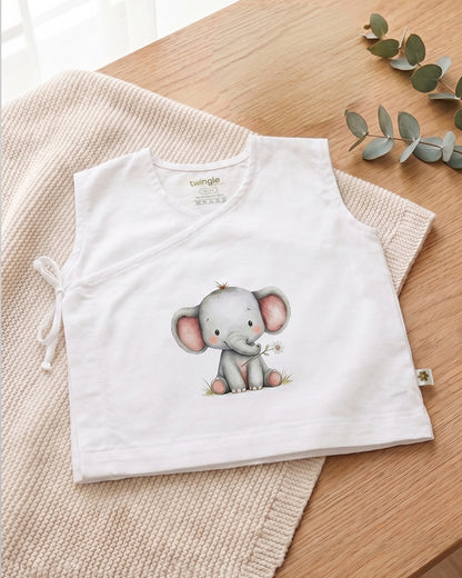 Twingle 100% Organic Cotton Jhabla-Kimono Opening for Easy Dressing-Ellie Elephant-White-For Infants