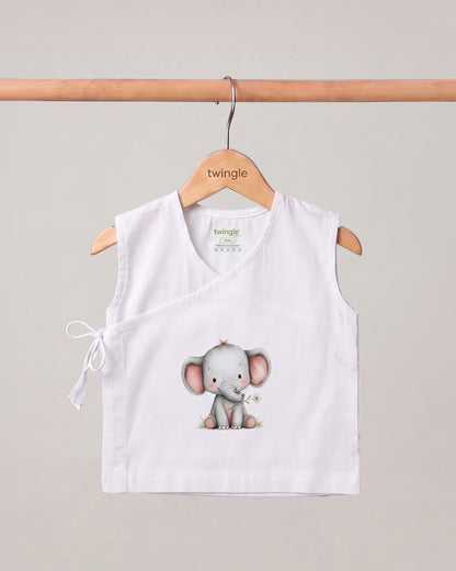 Twingle 100% Organic Cotton Jhabla-Kimono Opening for Easy Dressing-Ellie Elephant-White-For Infants
