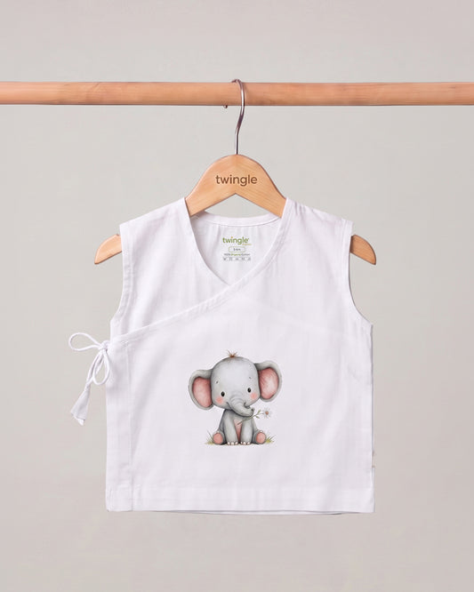 Twingle 100% Organic Cotton Jhabla-Kimono Opening for Easy Dressing-Ellie Elephant-White-For Infants